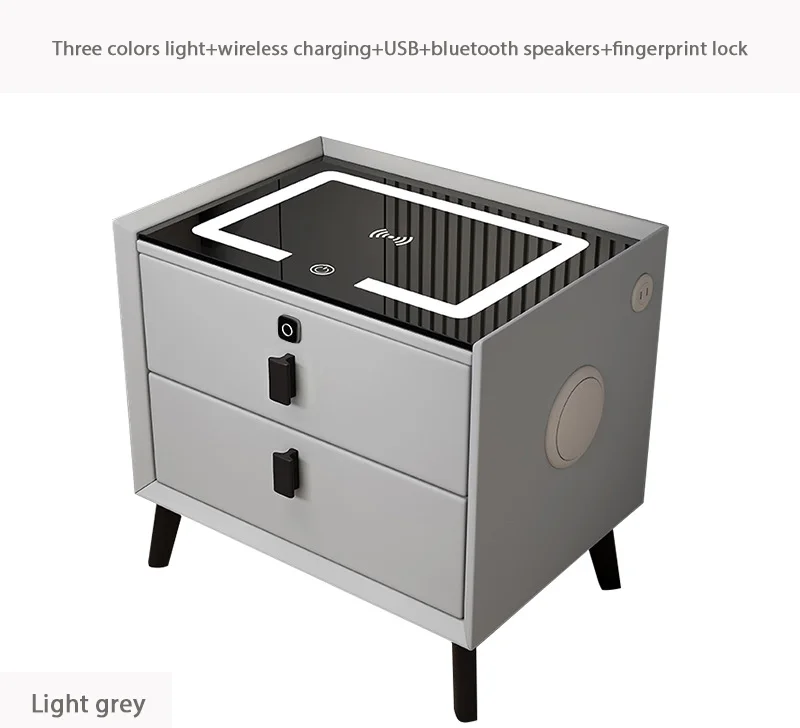 AIROW 2024 Smart Nightstand, Multifunctional Bedside Table with Wireless Charging, RGB Lamp & Fingerprint Lock