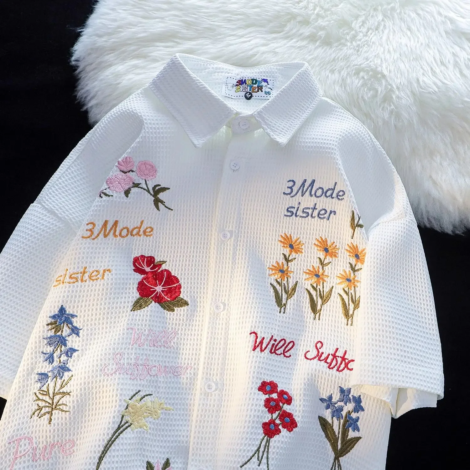 Waffle Floral Embroidery Shirts Women Loose Short Sleeve Unisex Leisure Chic Holiday Couples Clothing American Style Retro 3XL