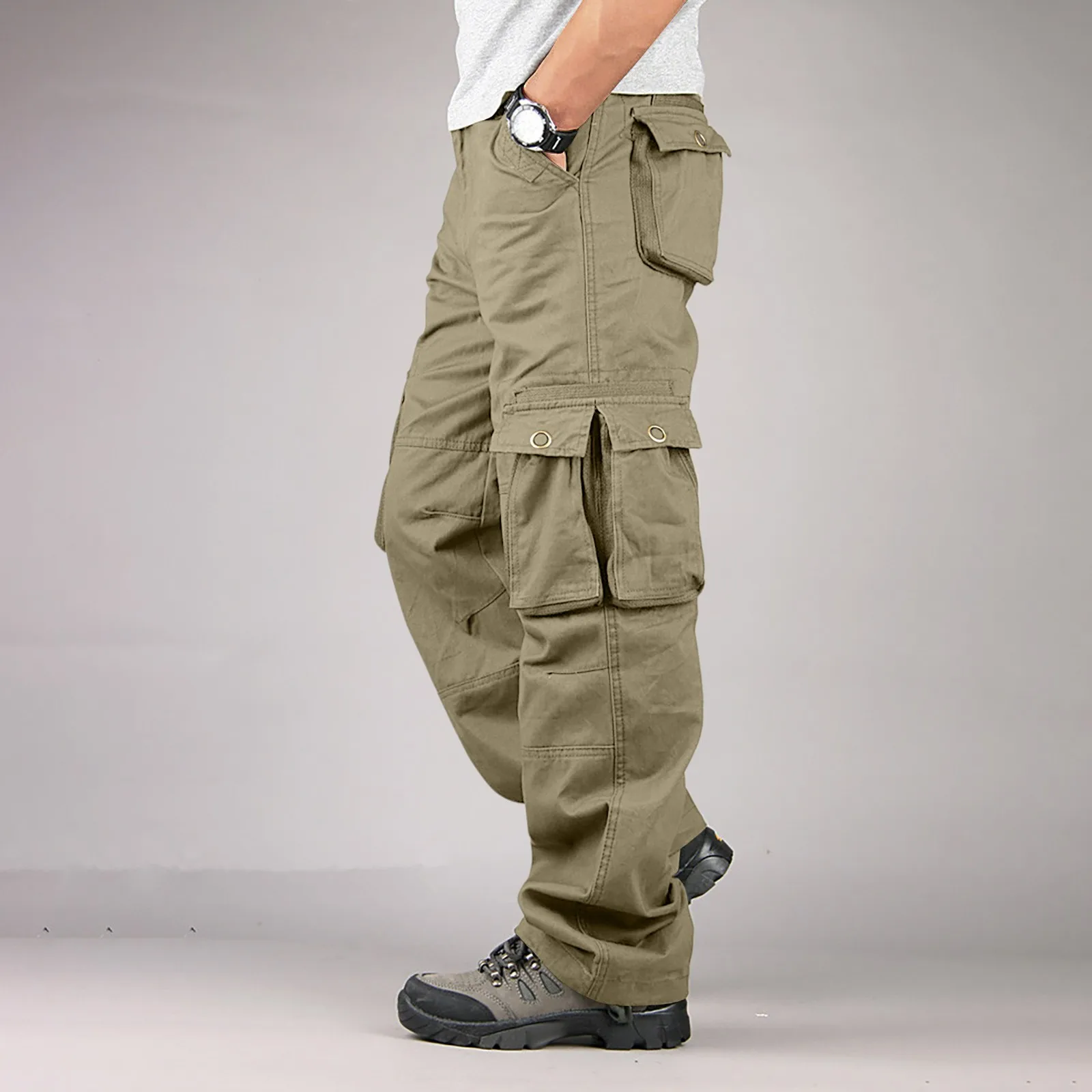 Fashion Retro Cargo Pant Men Solid Color Spring Summer Casual Multi-pocket Waist Drawstring Trousers Loose Long Pants