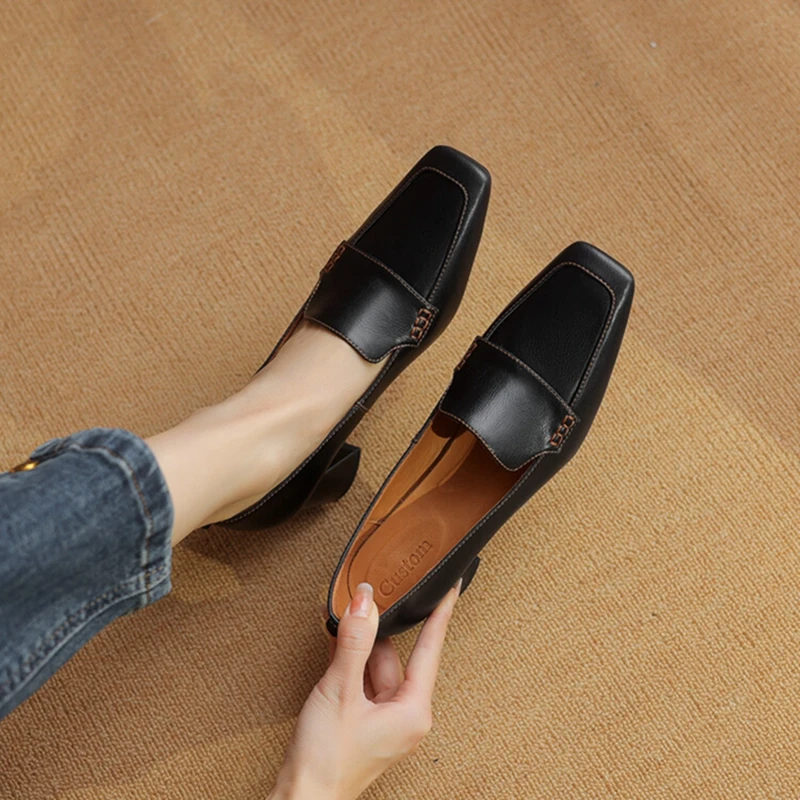 NEW Spring/Autumn Women Loafers Split Leather Shoes for Women Square Toe Chunky Heel Black Shoes Concise High Heel Women Pumps