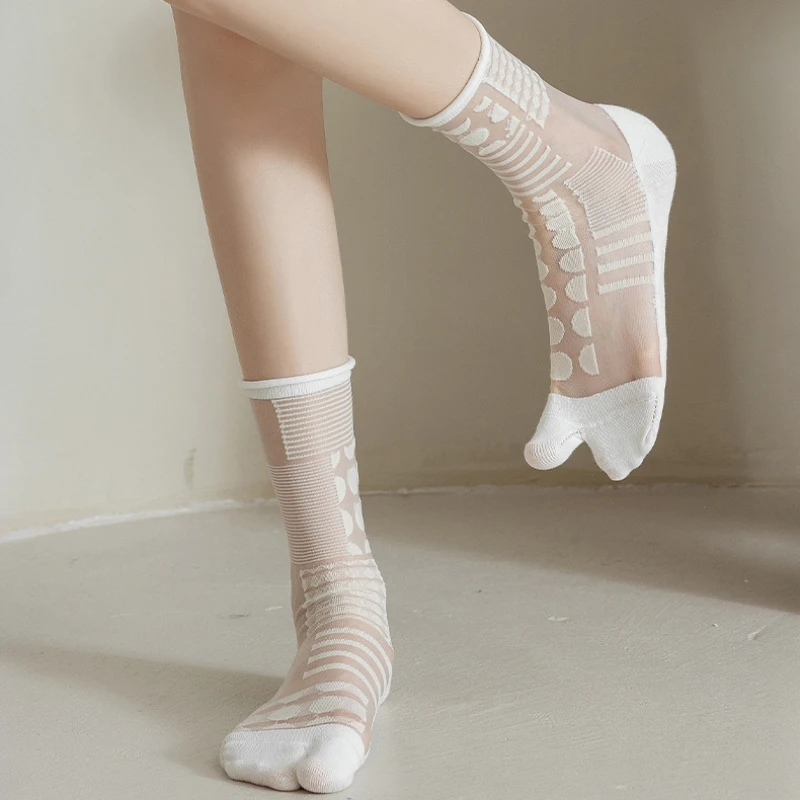 Two Toes Socks Women Summer Ultra-thin Transparent Crystal Silk Socks Polka Dot Japanese Fashion Retro Vintage Nylon Long Socks