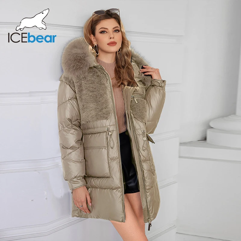 ICEbear 2024 Solid Color Fashion Women's Parka Natural Fur Collar Cropped Slim Casual Hooded Warm Down Jacket GWD4501I