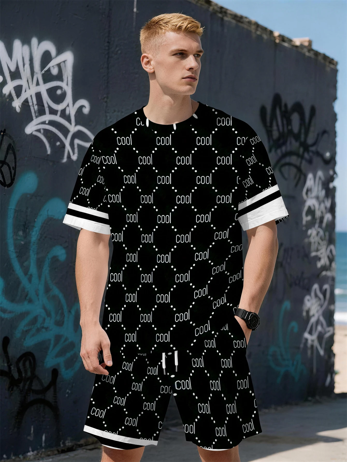 

2026 Summer New Men's Short-Sleeved Set with 3D Trendy Letter Print for Casual and Fashionable Street Style Comfortable and Soft