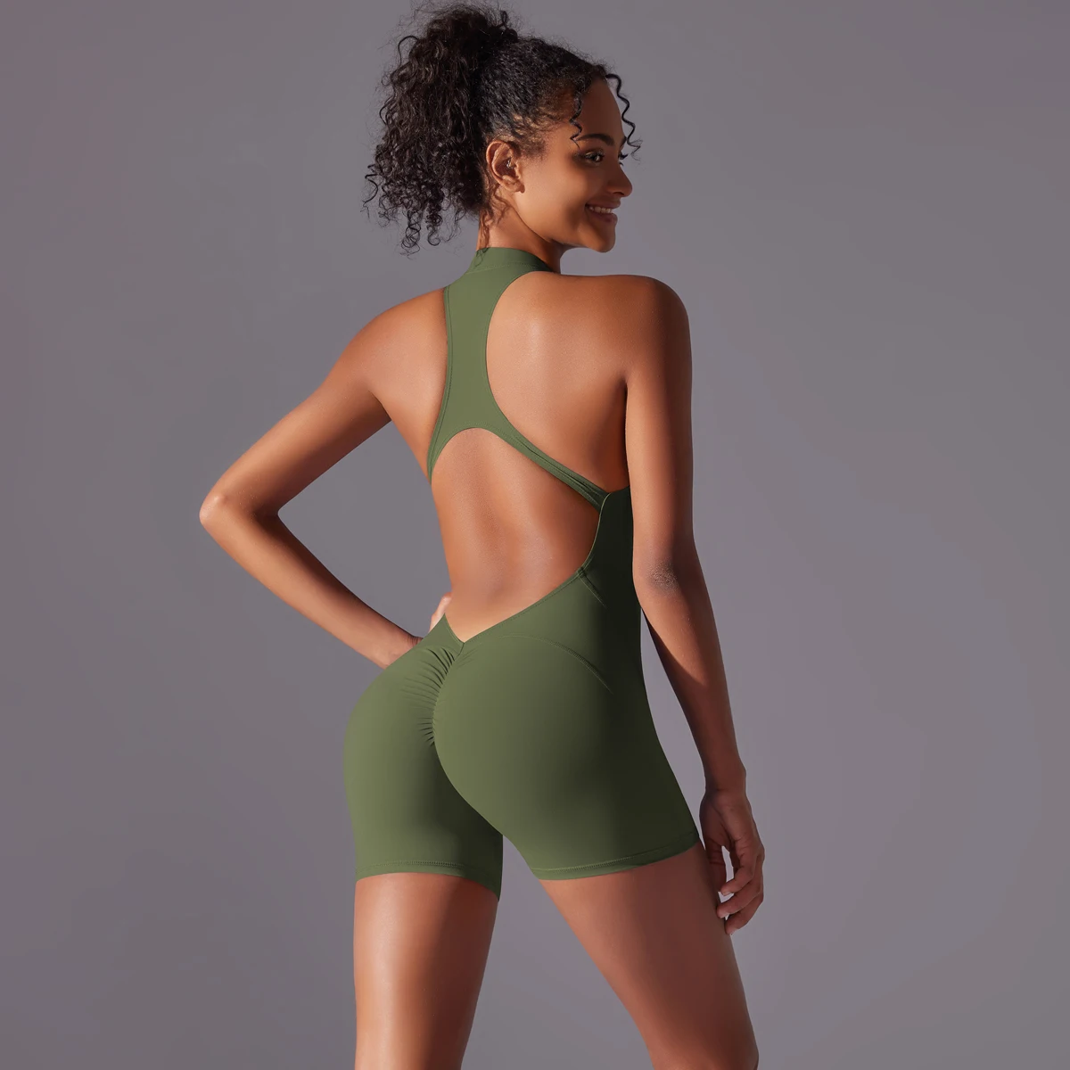 Halb Zipper Frauen Bodys Gym Push Up Workout Kleidung Backless Scrunch Fitness Sport Yoga Body Ärmel Fitness Overall – Detail 23