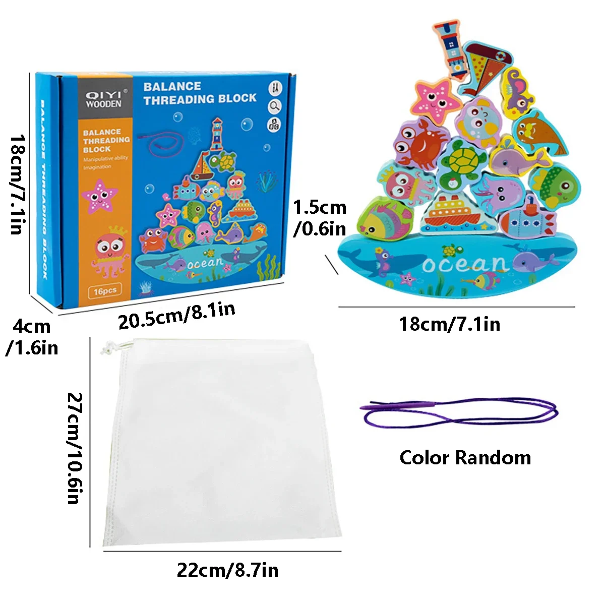 Blocs d'empilage d'équilibre en bois pour animaux de l'océan, jeu pour enfants, filetage en bois, jouets de motricité Fine, 1 pièce
