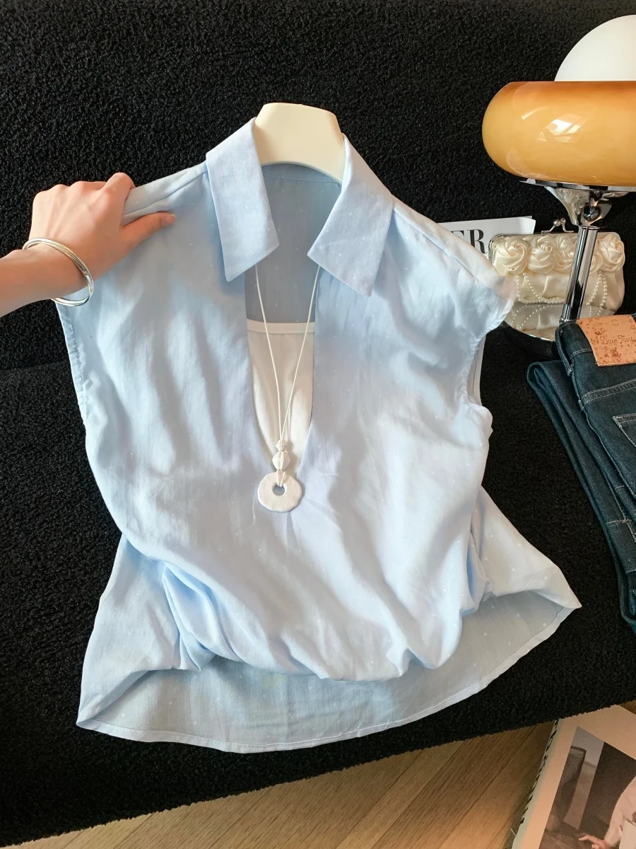 

Blue Polka Dot Color Block Short Sleeve Shirt Women's Summer New Lightweight Elegant Pleated Collar Stand up Top
