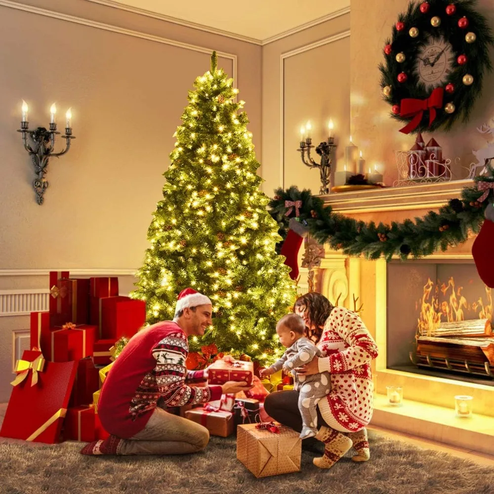 

8ft Pre-Lit Artificial Christmas Tree, Premium Spruce Hinged Tree 600 LED Lights and Pine Cones, Xmas Tree for Holiday