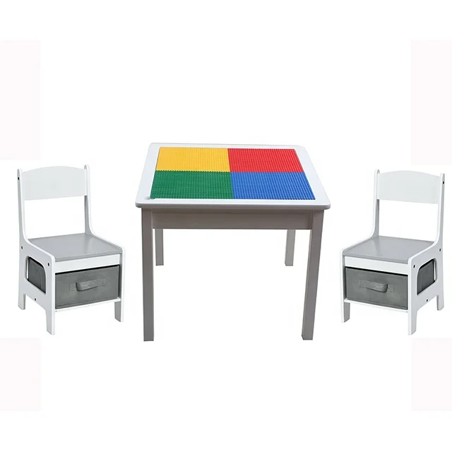 

Custom Toffy & Friends Children Table Chairs Set Double-sided Functional Brick Brick Play Table with Storage
