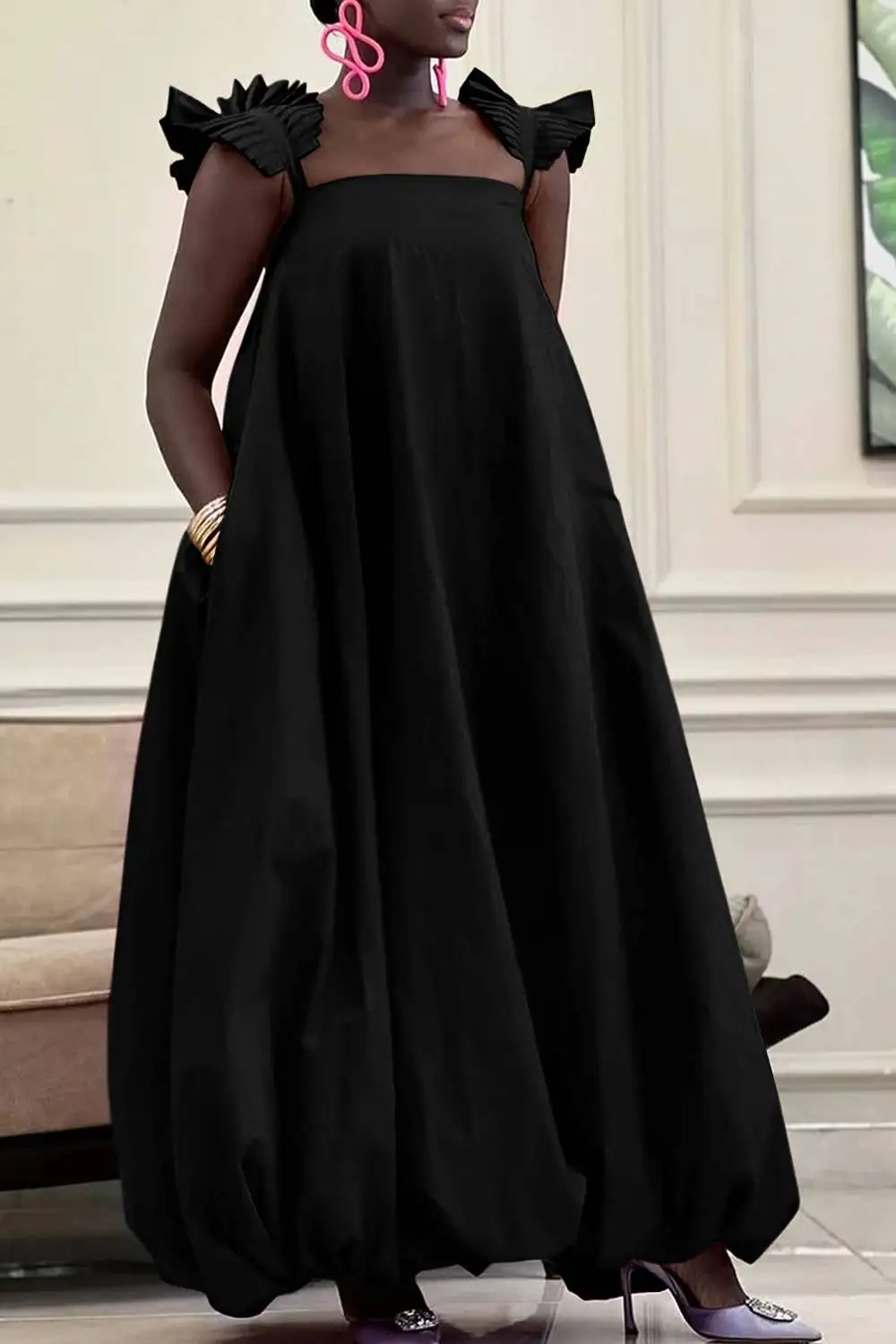 

Plus Size Vacation Hot Pink Square Neck Pocket Maxi Dresses