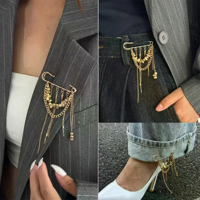 Multifunctional Pin Bead Tassel Brooches Handmade Beaded Chain Pin Fixator Trouser Leg Simple Clothes Accessories Jewelry Gift