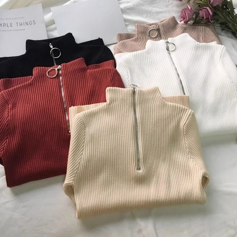 

Autumn Winter Turtleneck Women Sweater Long Sleeve Zipper Neckline Knitted Pullover Female Sweater Slim Basic Knitted Jumpers