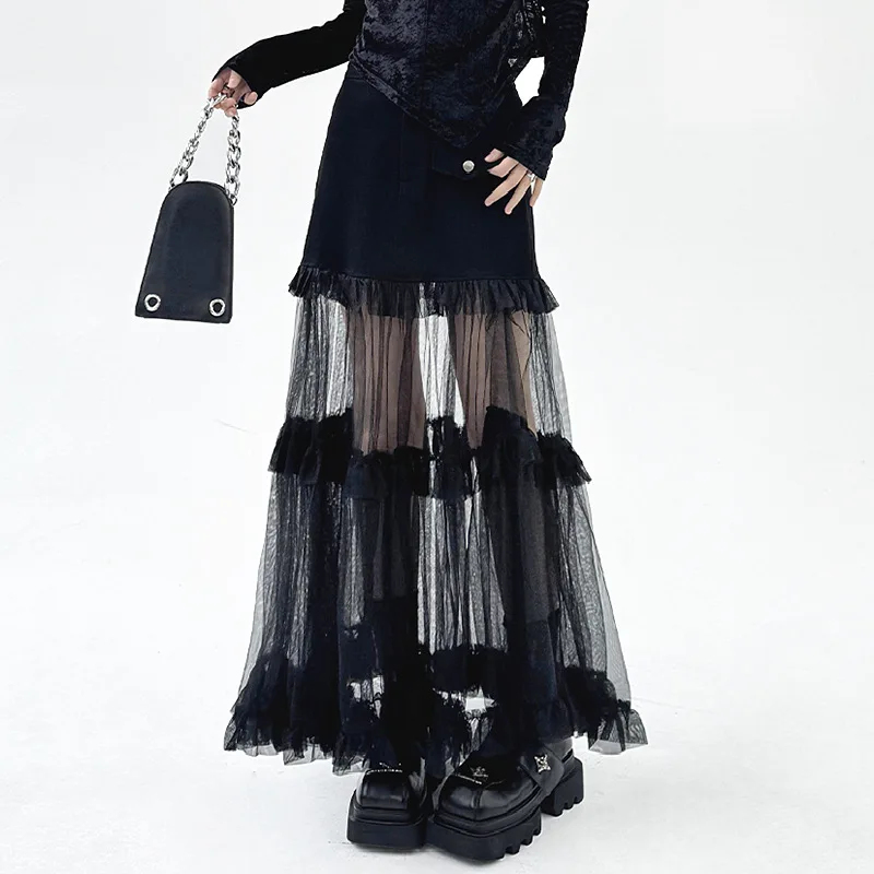 

SuperAen French-style Designed Denim Gauze Patchwork Long Skirt for Women 2026 Spring and Summer New Black A-line Skirt
