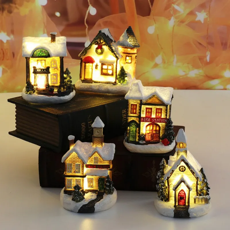 Christmas LED Light Resin House Ornaments Xmas Gift Room Decor Christmas Decoration for Home 2024 New Year Navidad Noel