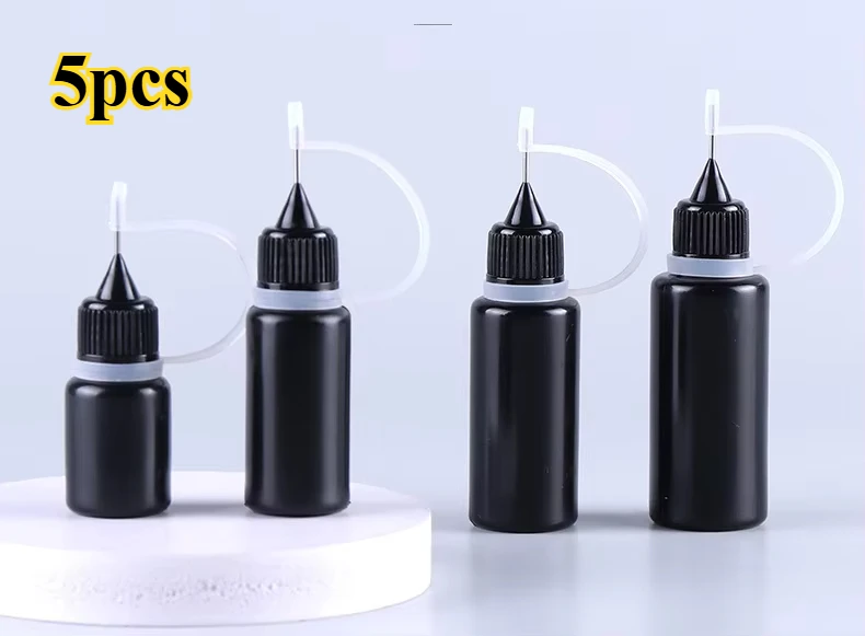 Botellas cuentagotas de PE negras vacías para apretar, 5 uds., con tapas de aguja, botella de plástico, Vial de líquido E, contenedor de plástico