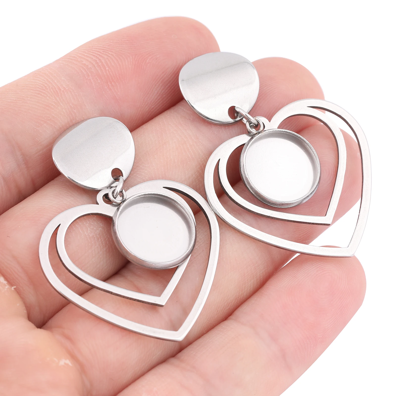 10pcs Stainless Steel Fit 12mm Cabochon Earring Base Setting Blanks With Heart Hoop Diy Post Ear Findings For Jewelry Making