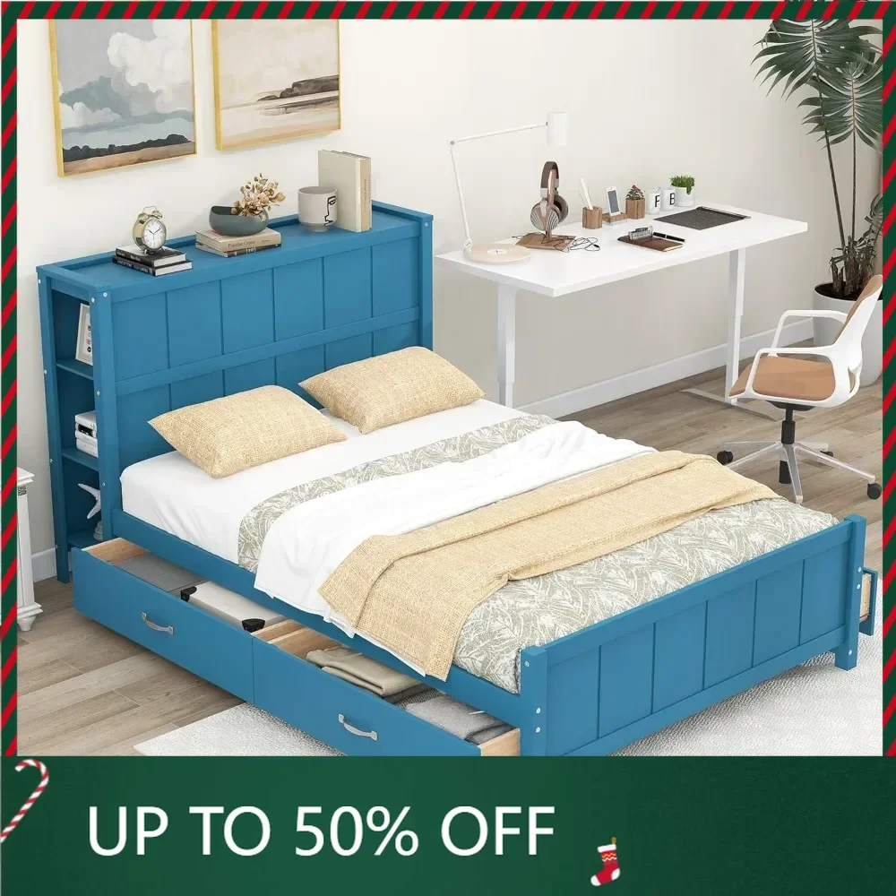 

Full Size Platform Bed with Four Drawers and Storage Shelves,Bed Frame W/Headboard & Footboard in Modern Style