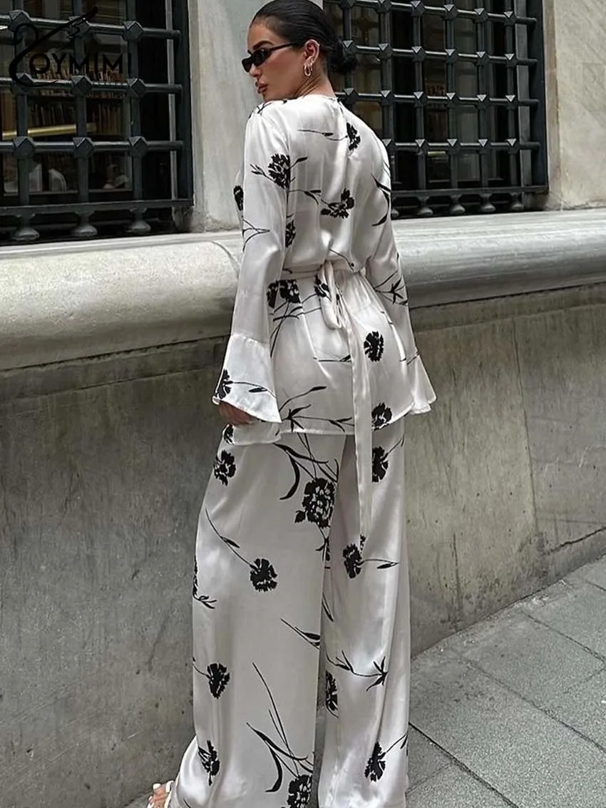 Oymimi Fashion White Print Two Piece Set For Women Elegant O-Neck Long Sleeve Lace-Up Tops And Straight Trousers Female Sets