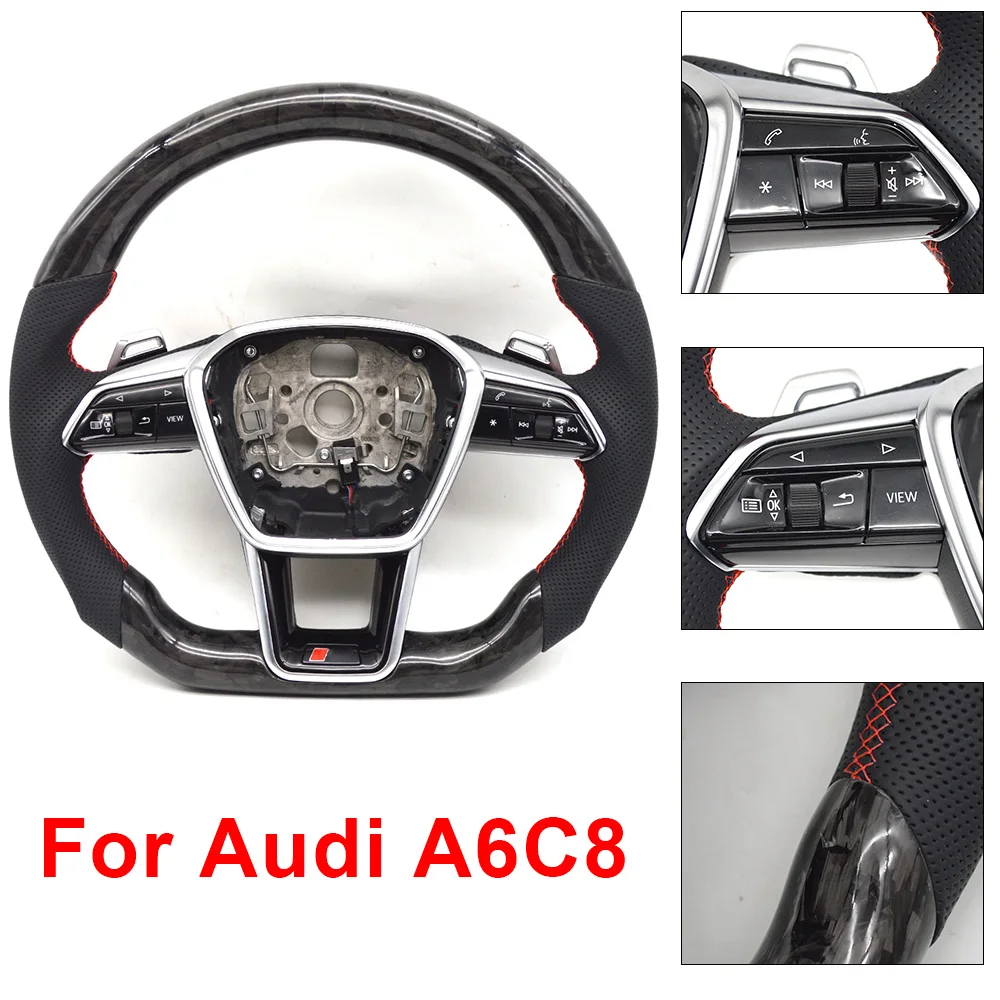 For Audi A6 C8 multifunctional carbon fiber leather semi perforated hollow paddle flat bottomed sports steering wheel