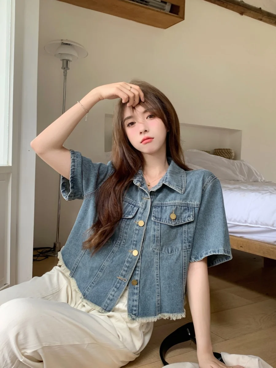 

Американский ретро-джинсовый жакет с воротником для женщин, весна 2023, свободный крой, маленький размер, однотонный, 100% хлопок