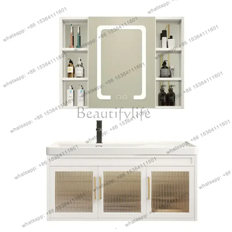 Light luxury wall-mounted hanging space aluminum bathroom cabinet combination washing ceramic integrated basin cabinet