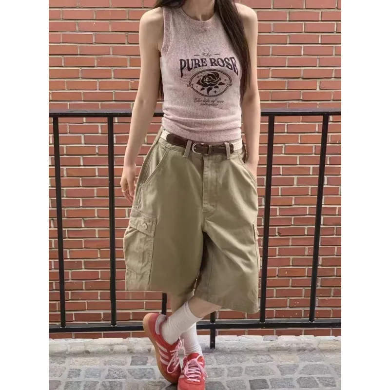 

New American Street Retro Pocket Overalls Loose and Versatile High-waisted Casual Pants Wide-leg Five-point Pants