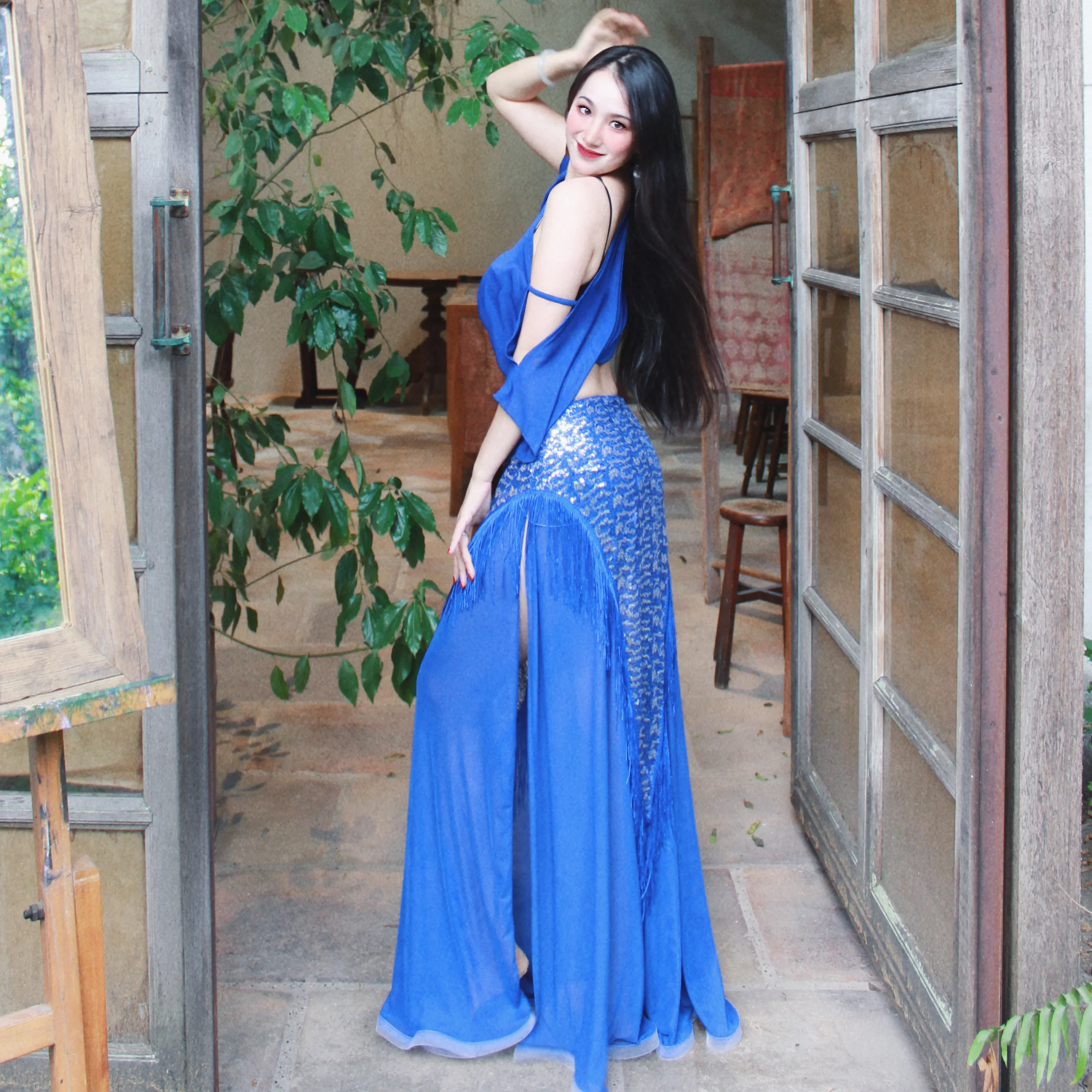 2025 BellyDance Costume Women's Off Shoulder Short Sleeve Top+Sexy sequin tassel Skirt Set Oriental Dance Performance Clothing