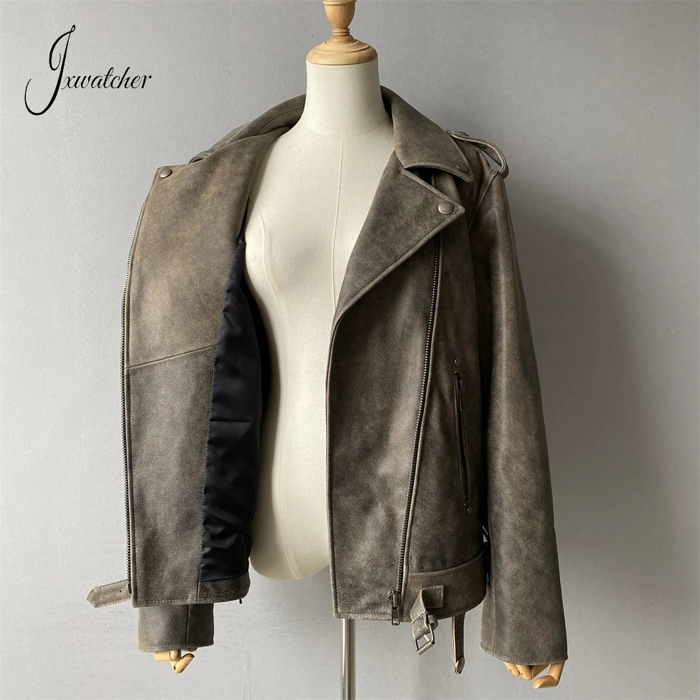 Jxwatcher-Chaqueta de cuero auténtico para mujer, abrigo holgado, a la moda, novedad de primavera, 2024