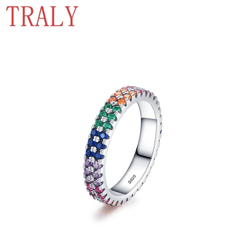 

925 Sterling Silver Rainbows Rings For Women Round Coloured Gemstone Row Rings Engagement Bands Luxury Jewelry Couple Party Gift