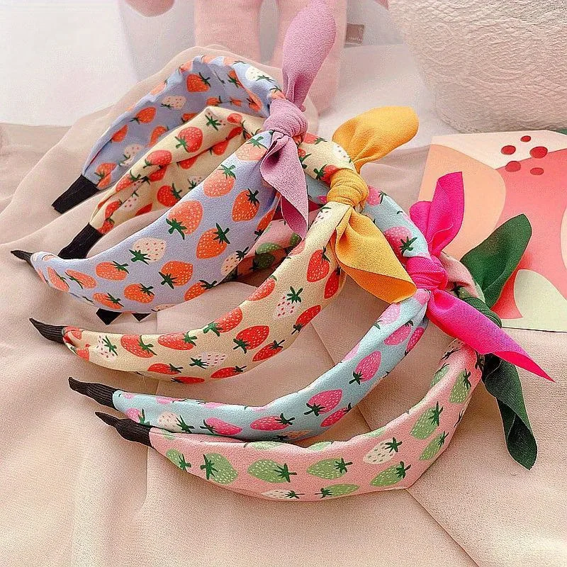 

Print Fruit Bowknot Hairband Strawberry Headband for Women Girls Korean Wide Hair Hoop Fabric Headwear Daily Hair Accessories