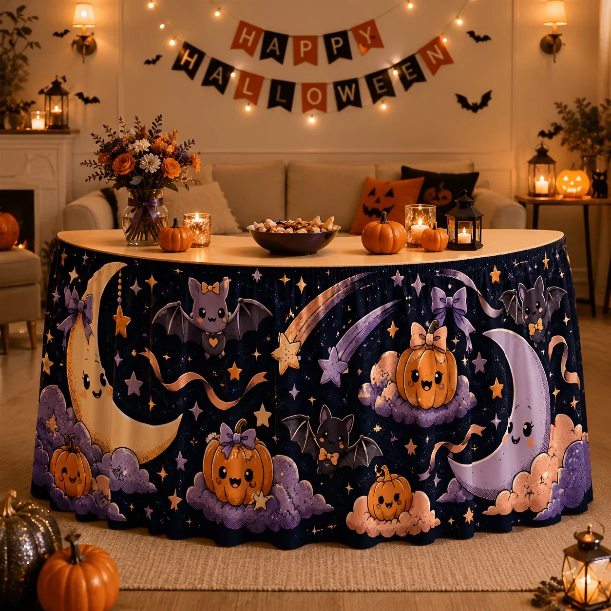 One tablecloth or table skirt. Cute pink colorful Halloween table skirt. Happy face pumpkin cloud arc moon yzb
