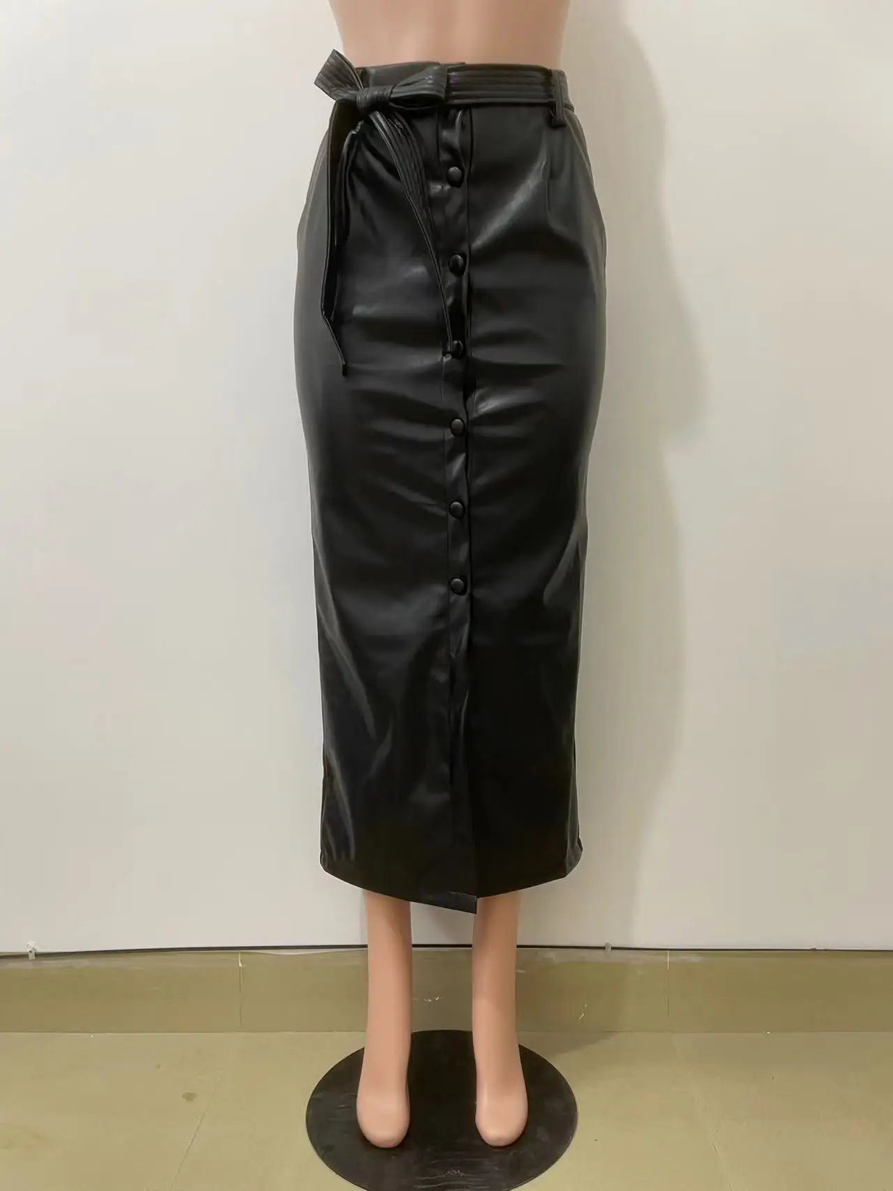 PU Leather Skirts Women Mid Length Skirt Sexy Maxi Lace Up Tight Waist Belt Casual Elegant Party Club Y2k Streetwear 2025