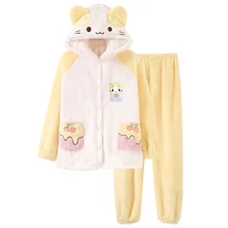 Masyumaro 푹신한 Fuwa Nyanko 고양이 산호 플리스 파자마 세트, 긴 라운지웨어 잠옷, 가을 겨울 애니메이션 귀여운 여성 의류