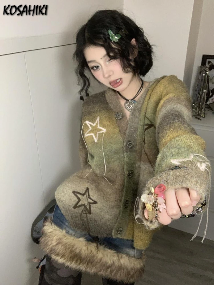 Vintage Loose Embroidery Star Grunge Cardigans Casual Women Single Breasted Sweaters New Fashion Y2k Aesthetic Harajuku Knitwear