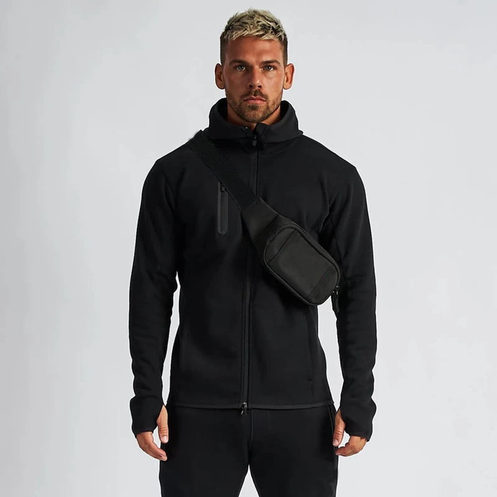 Sweat à capuche et pantalon de sport pour hommes, ensembles d\'entraînement en coton, vêtements de gymnastique, fermeture éclair, décontracté, noir,