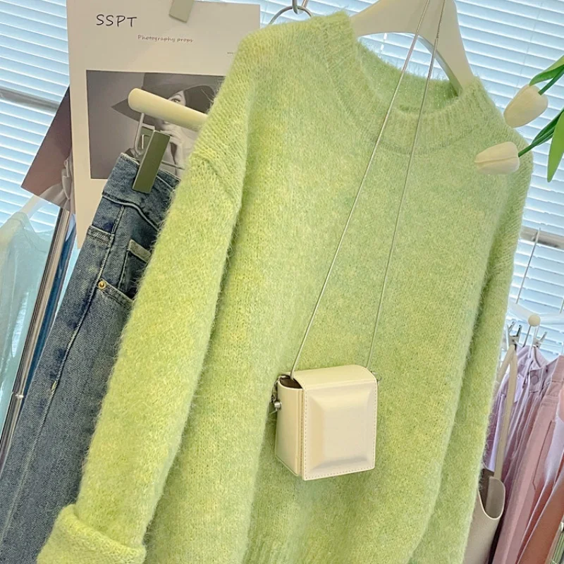 

Корейский модный зеленый теплый кашемировый свитер для женщин, новинка 2023 года, осенний повседневный вязаный пуловер с круглым вырезом, свободный мягкий трикотаж