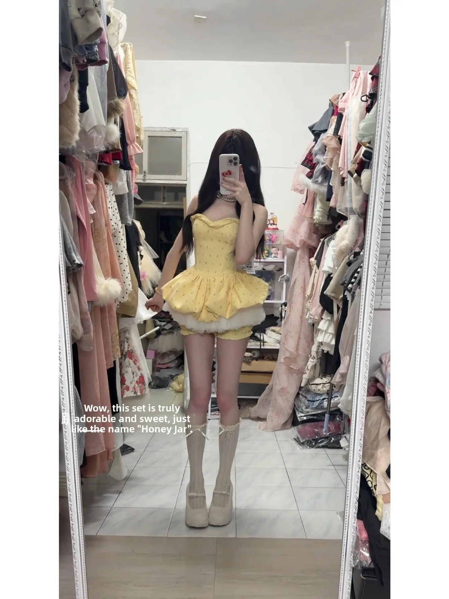 

Sweet Youthful Yellow Polka Dot Print Mesh Splice Tube Top Dress And Bouffant Pants Fashionable Two Piece Set for Women Summer