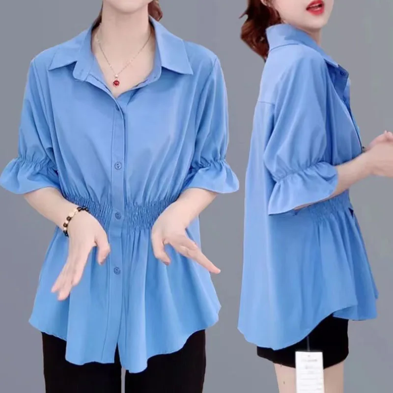 Korean All-match Solid Color Waist Slim Shirt Summer Women\'s Clothing Casual Fashion Turn-down Collar Button Blouses for Female