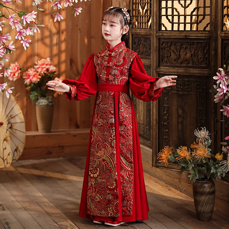 Girls Red Chinese New Year Clothes Vintage Long Cheongsam Party Wedding Flower Girl Dresse Dance Costumes Girls Hanfu Dress