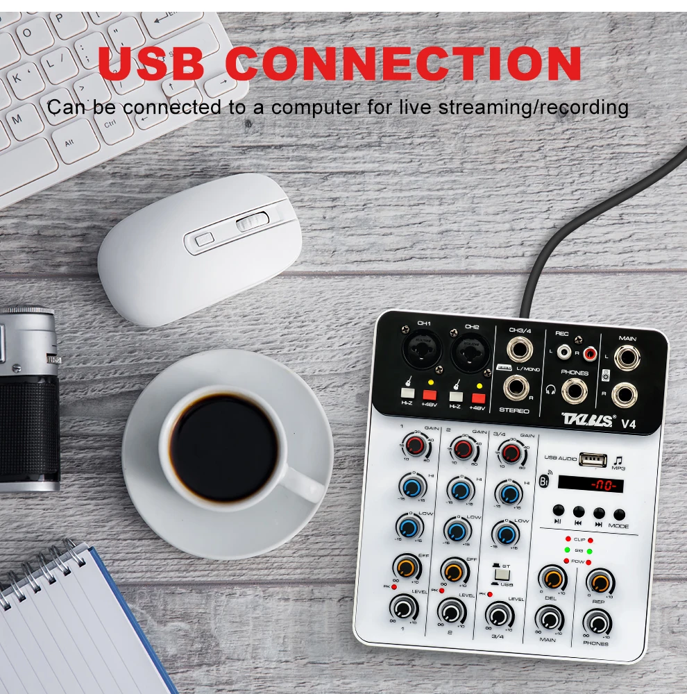TKL 4 Channels Audio Mixer Bluetooth USB Record Computer 48V Phantom Power Delay Repaeat Effect Sound Mixing Console
