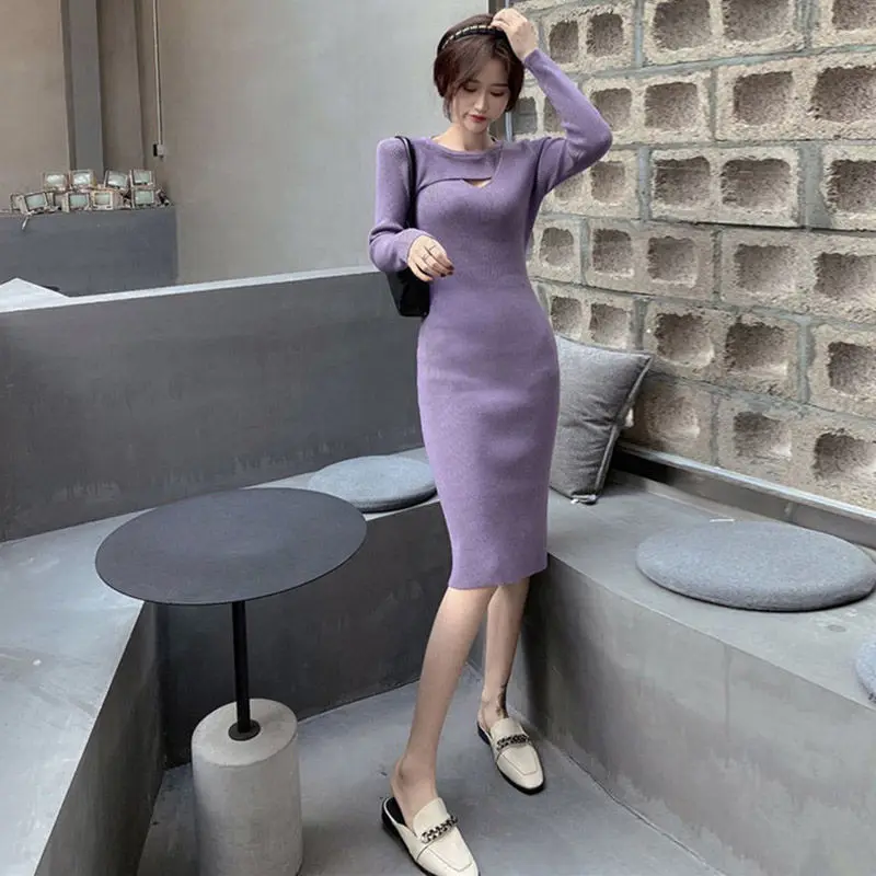 Purple Crochet Sexy Daring Bodycon Cover Up Woman Dress Black Knee Length Dresses for Women Knitted Midi Clothes Long Sleeve E M