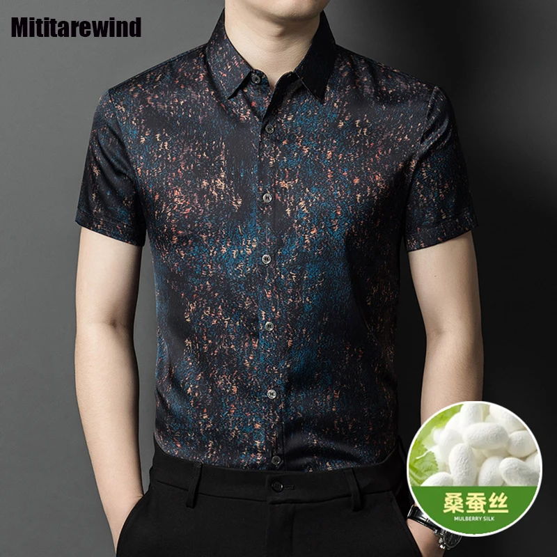 

Summer New Short Sleeve Men Shirts Middle-aged and Elderly Causal Fashion Printed Shirt with 9.8% Mulberry Silk Luxury Clothes