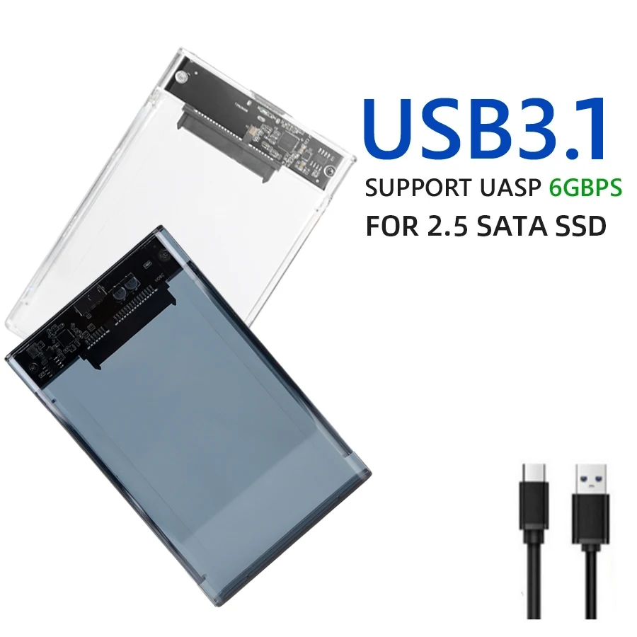 2.5 inch Transparent Type-C USB3.1 to SATA SSD Case External Enclosure SATAIII To USB3.0 Support 2TB Portable Mobile External