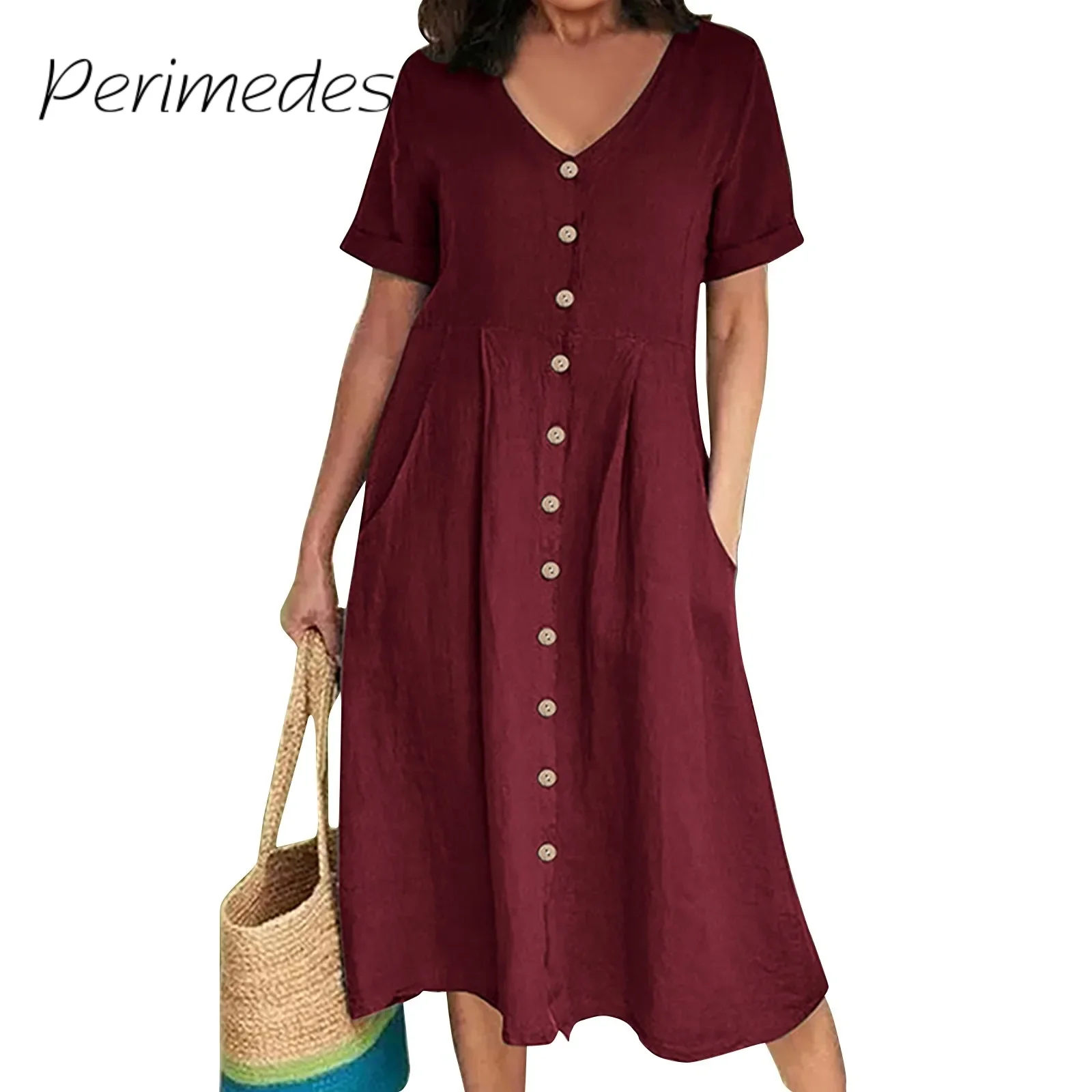 

Vestidos Women'S Dress Casual V-Neck Button Up Cotton Linen Dress Solid Color Short Sleeve Mid-Length Loose Summer Dress