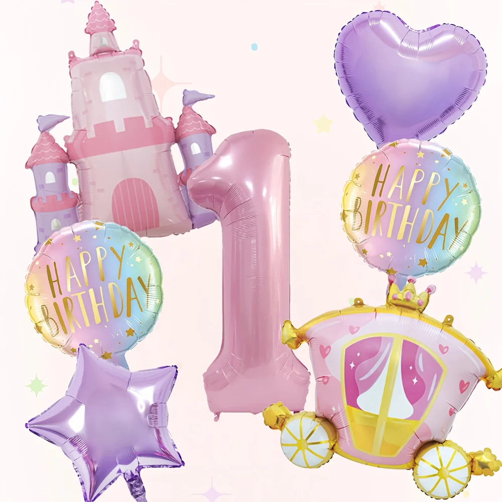7-teiliges Prinzessinnen-Themen-Set mit Schloss und Kutsche, Aluminiumfolienballons für Geburtstagspartys und Babypartys, Luftballons und Dekorationszubehör – Detail 3