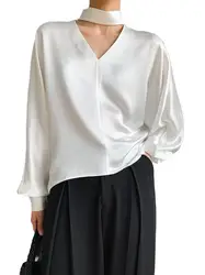 Oversize Women fashion casual Acetic acid satin shirt Comfortable and elegant V-neck Artificial silk blouse tops white khaki