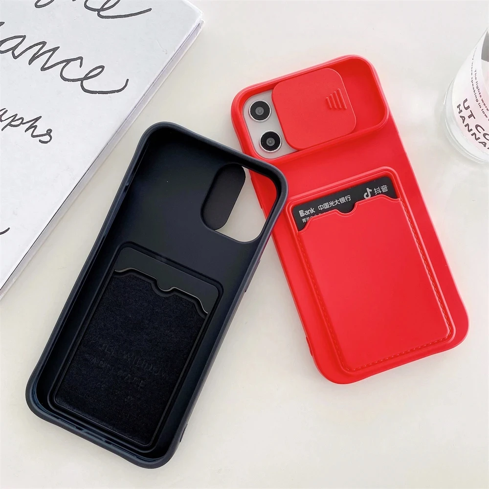 Slide Camera Silicone Card Holder Wallet Crossbody Strap Phone Case For iPhone 15 Pro Max 14 13 12 11 15 Plus Shockproof Cover