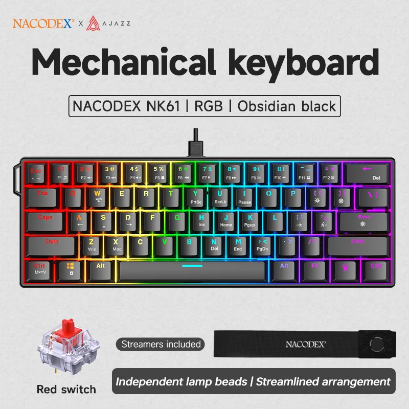 AJAZZ NK61 Bedraad Gaming Mechanisch Toetsenbord 60% RGB Hot-Swappable 61 Toetsen Rode Schakelaar Mini Toetsenbord voor Gamer PC