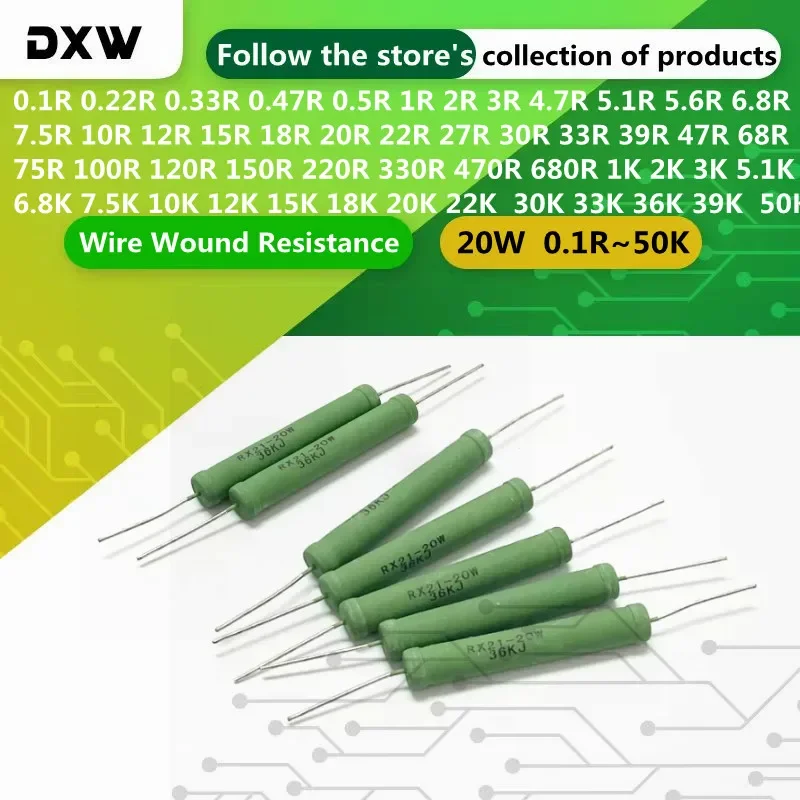 2PCS Wire Wound Resistance 20W 0.1R~50K RX21 0.5R 1R 2R 10R 15R 20R 27R 50R 62R 100R 330R 1K 2K 2.7K 3K 4.7K 10K 12K 18K 30K 33K