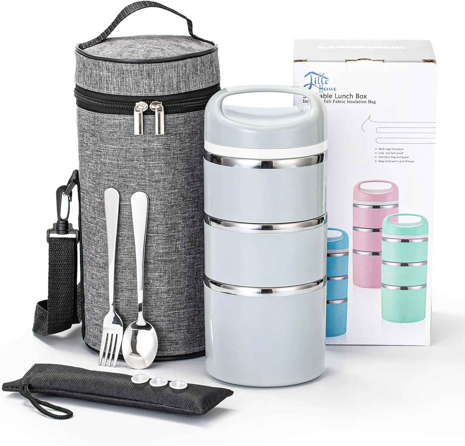 Stapelbare Edelstahl-Thermo-Lunchbox, 3-stöckiger Isolierter Bento-Behälter mit Tasche und Besteck, 43OZ Grau