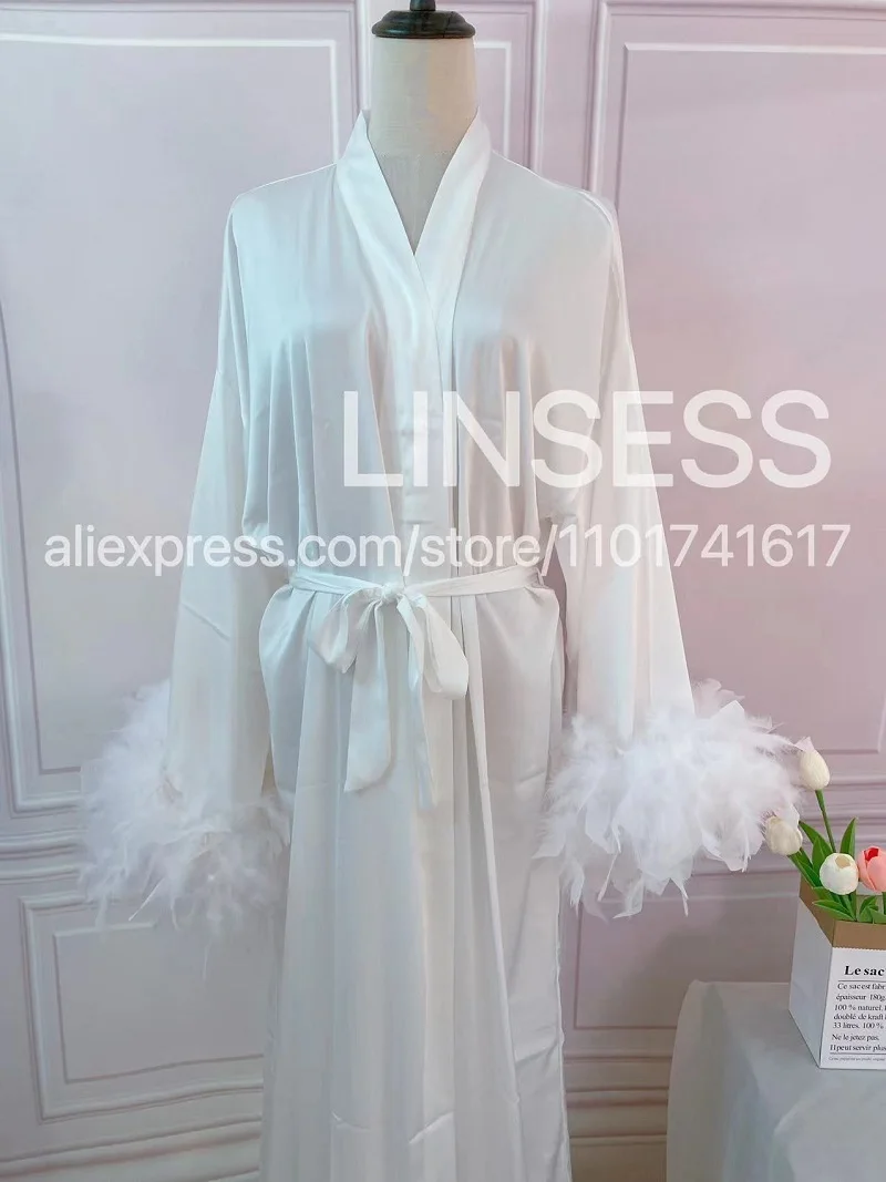 Floor Length Maxi Dressing Gown Robes Long Bridal Robe with Feathers Boudoir Bridesmaid Gifts Satin Feather Trim Bride Kimono